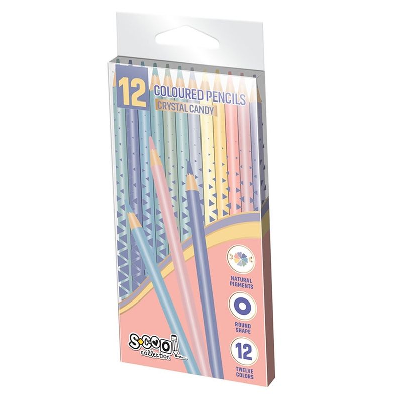 Carti si Birotica - Birotica - Instrumente de scris - Creioane - Set 12 Creioane Colorate S-COOL Crystal Candy, Nuante Pastel Macaron, Corp din Lemn, Mina Rezistenta la Ruptura - Infinity.ro