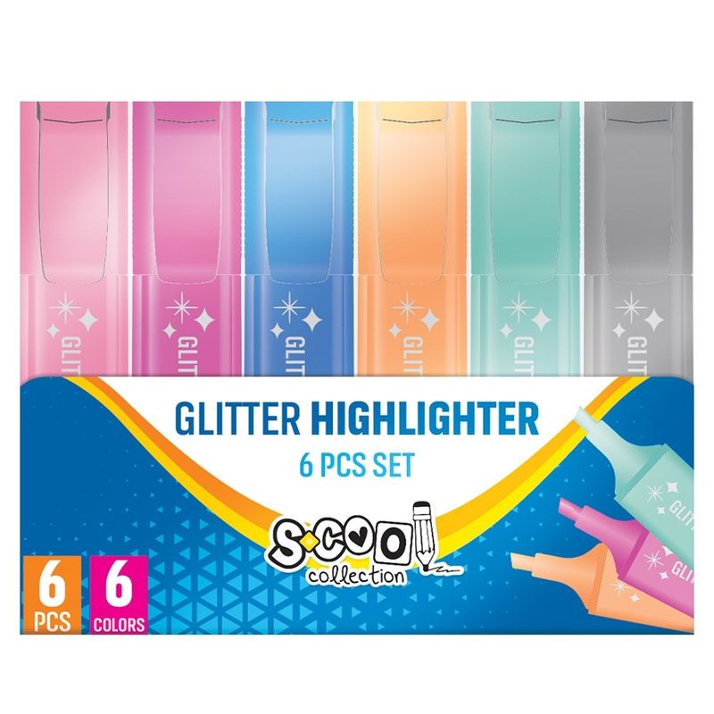 Carti si Birotica - Birotica - Instrumente de scris - Markere si carioci - Set 6 Textmarkere cu Sclipici S-COOL, Efect Sidefat Stralucitor, Varf Tesit 1-4.7 mm, Cerneala Lavabila pe Baza de Apa - Infinity.ro