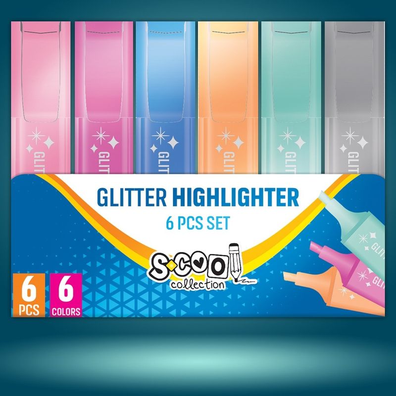 Carti si Birotica - Birotica - Instrumente de scris - Markere si carioci - Set 6 Textmarkere cu Sclipici S-COOL, Efect Sidefat Stralucitor, Varf Tesit 1-4.7 mm, Cerneala Lavabila pe Baza de Apa - Infinity.ro
