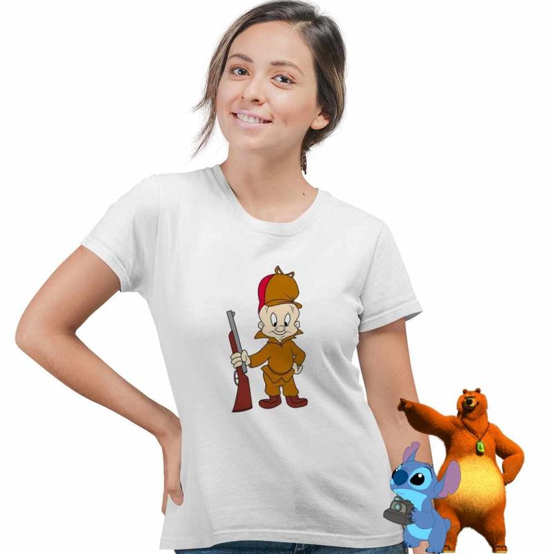 Fashion, accesorii si bijuterii - Femei - Imbracaminte femei - Tricouri si topuri femei - Tricou Femei Bugs Bunny Elmer Fudd Vanator, alb, marime L - Infinity.ro