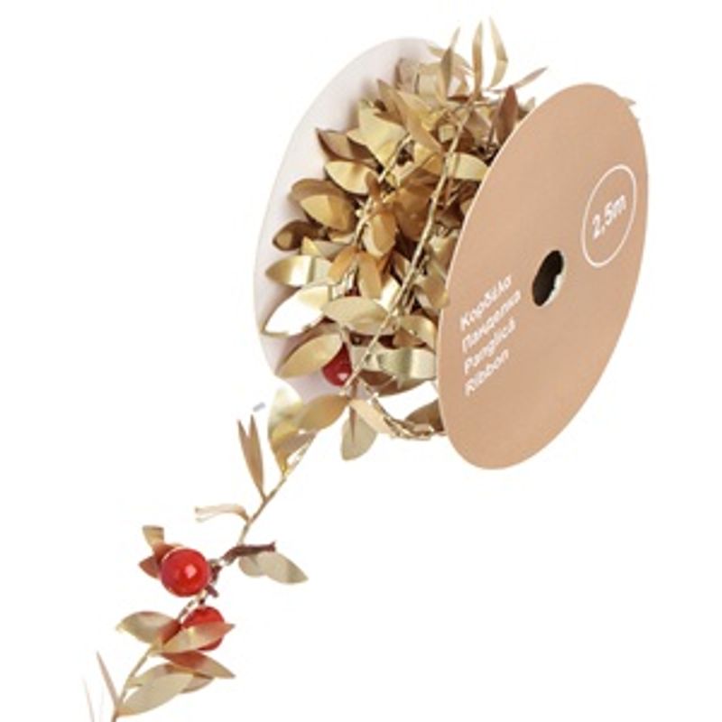 Casa si Gradina - Decoratiuni - Decoratiuni petrecere - Bannere si ghirlande decorative - Ghirlanda de Craciun Aurie cu Frunze si Pomusoare Rosii, 2,5m x 27mm - Infinity.ro