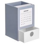 Carti si Birotica - Birotica - Accesorii de birou - Suporturi accesorii birou - Suport pentru pixuri din plastic cu sertar si calendar, Gri, 13x8x7,9 cm - Infinity.ro