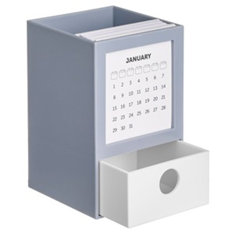 Carti si Birotica - Birotica - Accesorii de birou - Suporturi accesorii birou - Suport pentru pixuri din plastic cu sertar si calendar, Gri, 13x8x7,9 cm - Infinity.ro