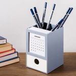 Carti si Birotica - Birotica - Accesorii de birou - Suporturi accesorii birou - Suport pentru pixuri din plastic cu sertar si calendar, Gri, 13x8x7,9 cm - Infinity.ro