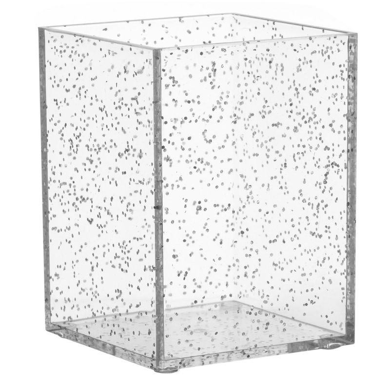 Carti si Birotica - Birotica - Accesorii de birou - Suporturi accesorii birou - Suport Pixuri din Plastic Transparent cu Glitter Argintiu, 7.5x7.5x10cm - Infinity.ro