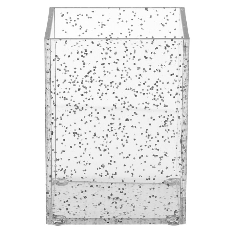 Carti si Birotica - Birotica - Accesorii de birou - Suporturi accesorii birou - Suport Pixuri din Plastic Transparent cu Glitter Argintiu, 7.5x7.5x10cm - Infinity.ro