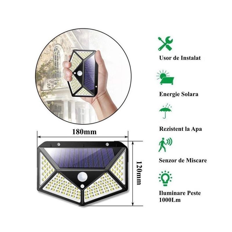 Casa si Gradina - Corpuri si surse de iluminat - Iluminat exterior - Lampi solare - Lampa solara de perete, alimentata cu energie solara, 100 Led-uri 2400 mAh, 700LM/1300LM - Infinity.ro