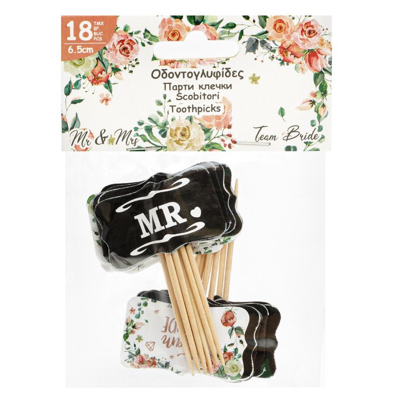 Casa si Gradina - Decoratiuni - Decoratiuni petrecere - Vesela pentru petrecere - Scobitori Decorative Petrecere Mr & Mrs Team Bride - Set de 18 buc - Infinity.ro