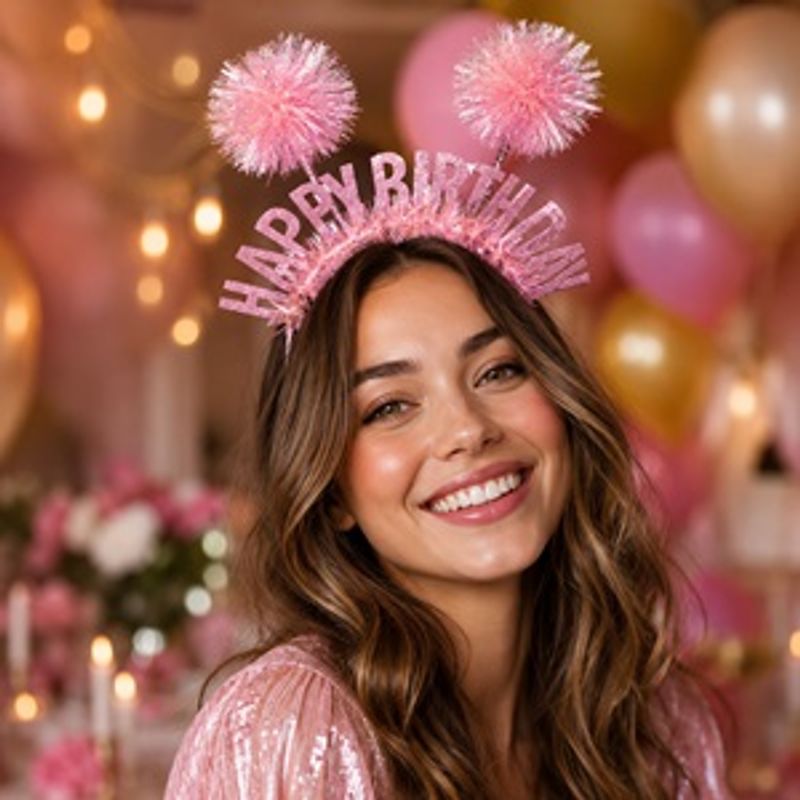 Casa si Gradina - Decoratiuni - Decoratiuni petrecere - Coifuri si suflatori - Bentita de Petrecere cu Urechi Holografice si Mesaj Happy Birthday, Roz - Infinity.ro