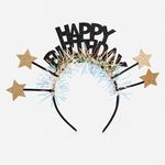 Casa si Gradina - Decoratiuni - Decoratiuni petrecere - Coifuri si suflatori - Bentita de par pentru petrecere cu beteala si stelute aurii, mesaj Happy Birthday - Infinity.ro