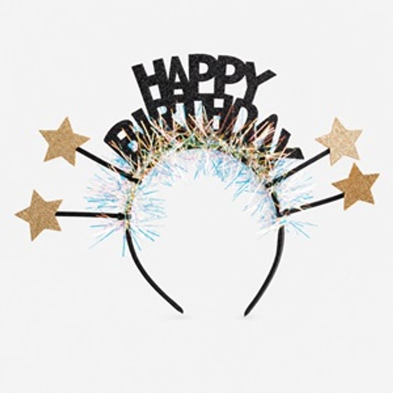 Casa si Gradina - Decoratiuni - Decoratiuni petrecere - Coifuri si suflatori - Bentita de par pentru petrecere cu beteala si stelute aurii, mesaj Happy Birthday - Infinity.ro