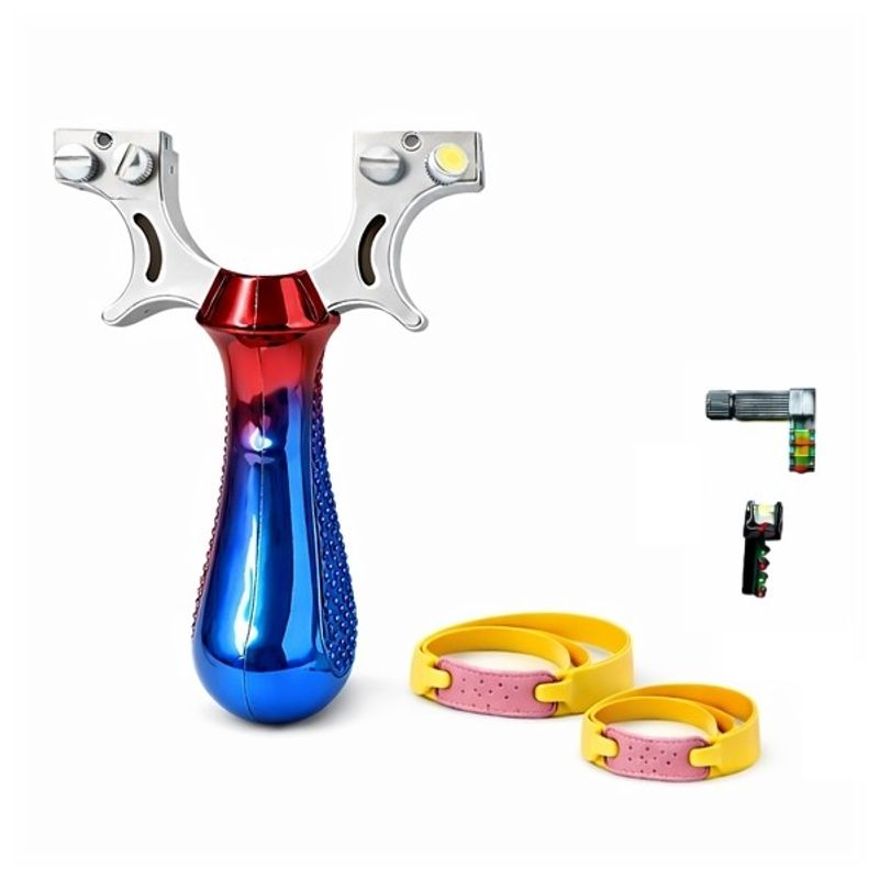 Sport si Outdoor - Accesorii si echipamente sportive - Sporturi de precizie - Set prastie profesionala metalica cu laser si 50 bile din sticla 14 mm, vanatoare si tir outdoor, rosu/albastru, 11.5 cm - Infinity.ro