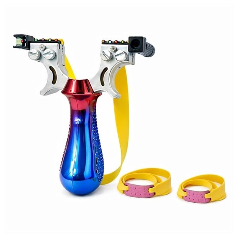 Sport si Outdoor - Accesorii si echipamente sportive - Sporturi de precizie - Set prastie profesionala metalica cu laser si 50 bile din sticla 14 mm, vanatoare si tir outdoor, rosu/albastru, 11.5 cm - Infinity.ro