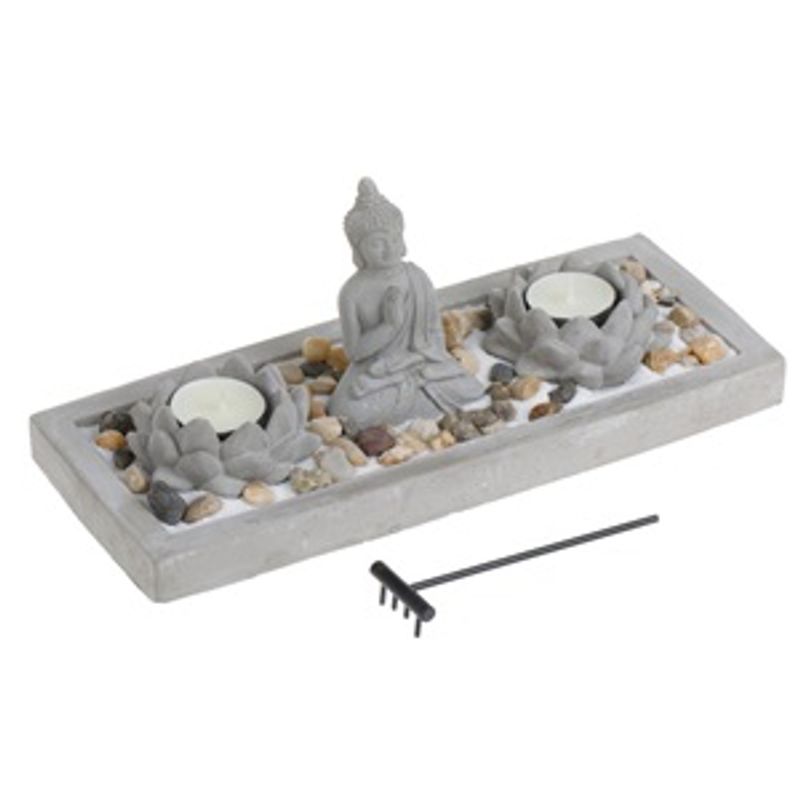 Casa si Gradina - Decoratiuni - Decoratiuni de sezon - Set Decorativ cu Baza din Ciment, Figurina Buddha si Lumanari Pastila, 30x12cm - Infinity.ro