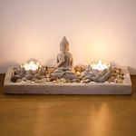 Casa si Gradina - Decoratiuni - Decoratiuni de sezon - Set Decorativ cu Baza din Ciment, Figurina Buddha si Lumanari Pastila, 30x12cm - Infinity.ro