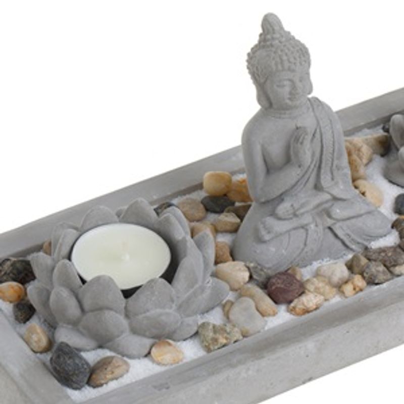 Casa si Gradina - Decoratiuni - Decoratiuni de sezon - Set Decorativ cu Baza din Ciment, Figurina Buddha si Lumanari Pastila, 30x12cm - Infinity.ro