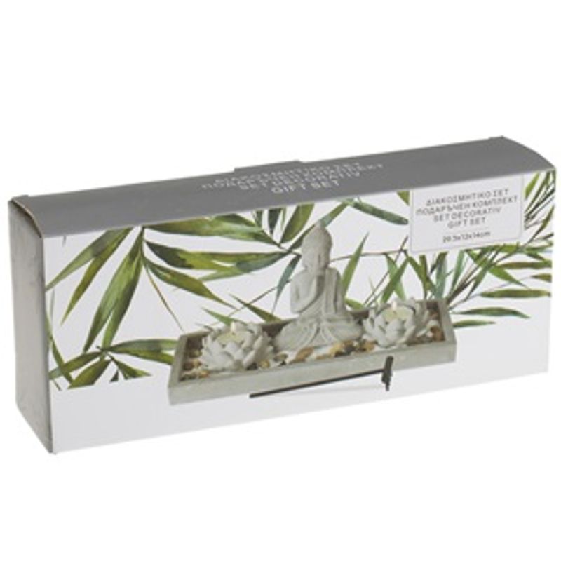 Casa si Gradina - Decoratiuni - Decoratiuni de sezon - Set Decorativ cu Baza din Ciment, Figurina Buddha si Lumanari Pastila, 30x12cm - Infinity.ro