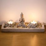 Casa si Gradina - Decoratiuni - Decoratiuni de sezon - Set Decorativ cu Baza din Ciment, Figurina Buddha si Lumanari Pastila, 30x12cm - Infinity.ro