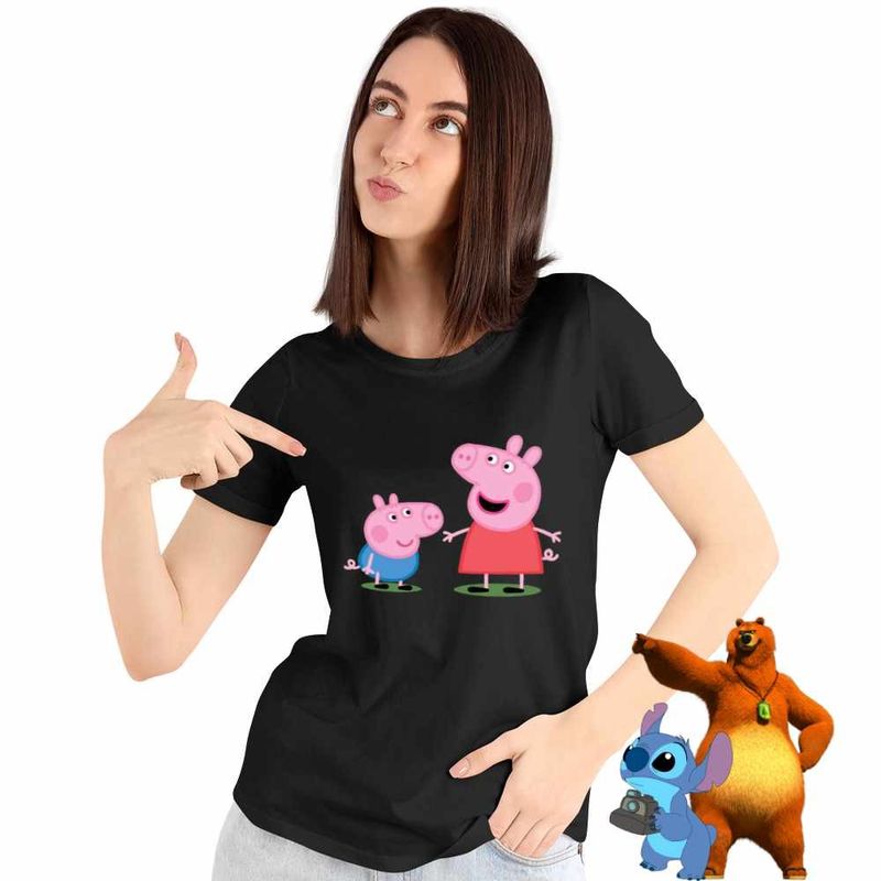 Fashion, accesorii si bijuterii - Femei - Imbracaminte femei - Tricouri si topuri femei - Tricou Femei Purcelusa Peppa si George Pepa, negru, marime S - Infinity.ro