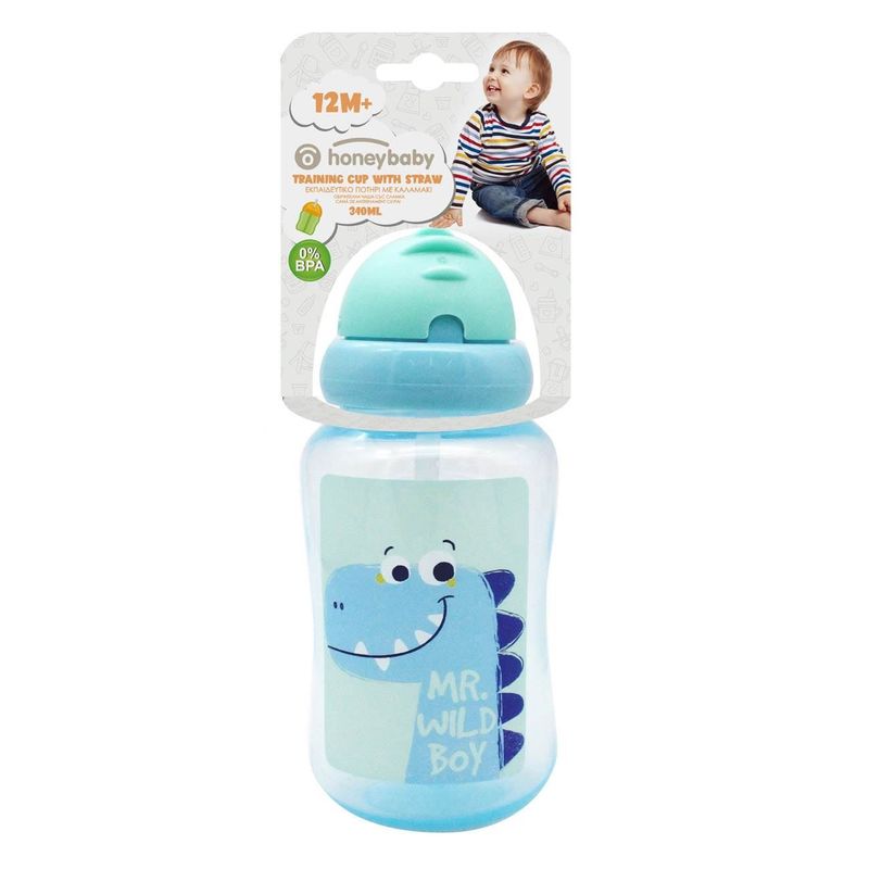 Casa si Gradina - Bucatarie si vesela - Cani si pahare - Cani si cesti - Cana cu pai din plastic, 340 ml, albastra cu model dinozaur - Infinity.ro