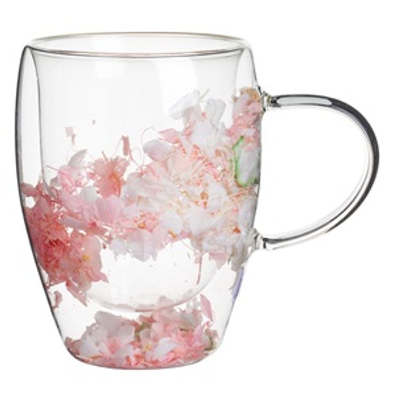 Casa si Gradina - Bucatarie si vesela - Cani si pahare - Cani si cesti - Cana din Sticla cu Perete Dublu si Flori Roz, 350ml - Infinity.ro