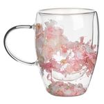 Casa si Gradina - Bucatarie si vesela - Cani si pahare - Cani si cesti - Cana din Sticla cu Perete Dublu si Flori Roz, 350ml - Infinity.ro