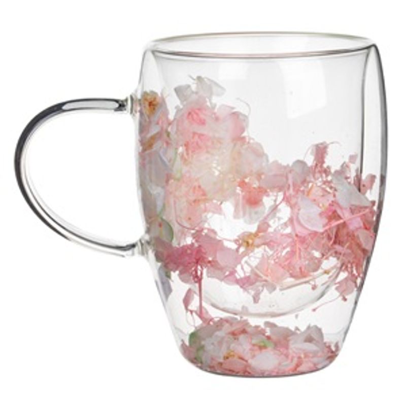 Casa si Gradina - Bucatarie si vesela - Cani si pahare - Cani si cesti - Cana din Sticla cu Perete Dublu si Flori Roz, 350ml - Infinity.ro