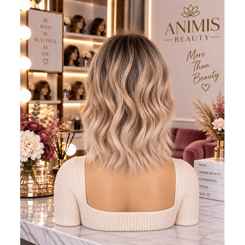 Fashion, accesorii si bijuterii - Femei - Accesorii femei - Alte accesorii femei - Peruca Ombre Blond, din fibra sintetica cu aspect natural, par mediu ondulat, cu breton, 36 cm - Infinity.ro