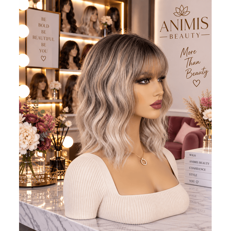 Fashion, accesorii si bijuterii - Femei - Accesorii femei - Alte accesorii femei - Peruca Ombre Blond, din fibra sintetica cu aspect natural, par mediu ondulat, cu breton, 36 cm - Infinity.ro