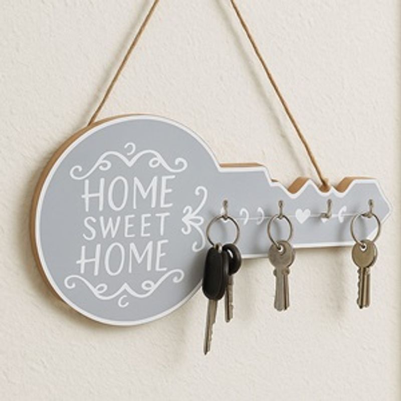 Casa si Gradina - Decoratiuni - Obiecte decorative - Accesorii decorative - Suport chei din lemn cu 4 carlige, 30x17cm, gri, forma de cheie - Infinity.ro
