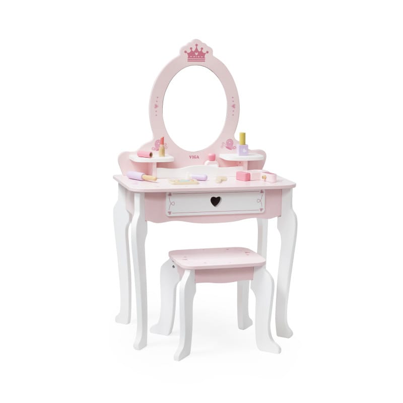 Jucarii, Copii si Bebe - Jucarii si jocuri - Jucarii de rol - Frumusete, bijuterii si accesorii fetite - Masuta de toaleta Viga, lemn, 8 accesorii, roz KID447822 - Infinity.ro