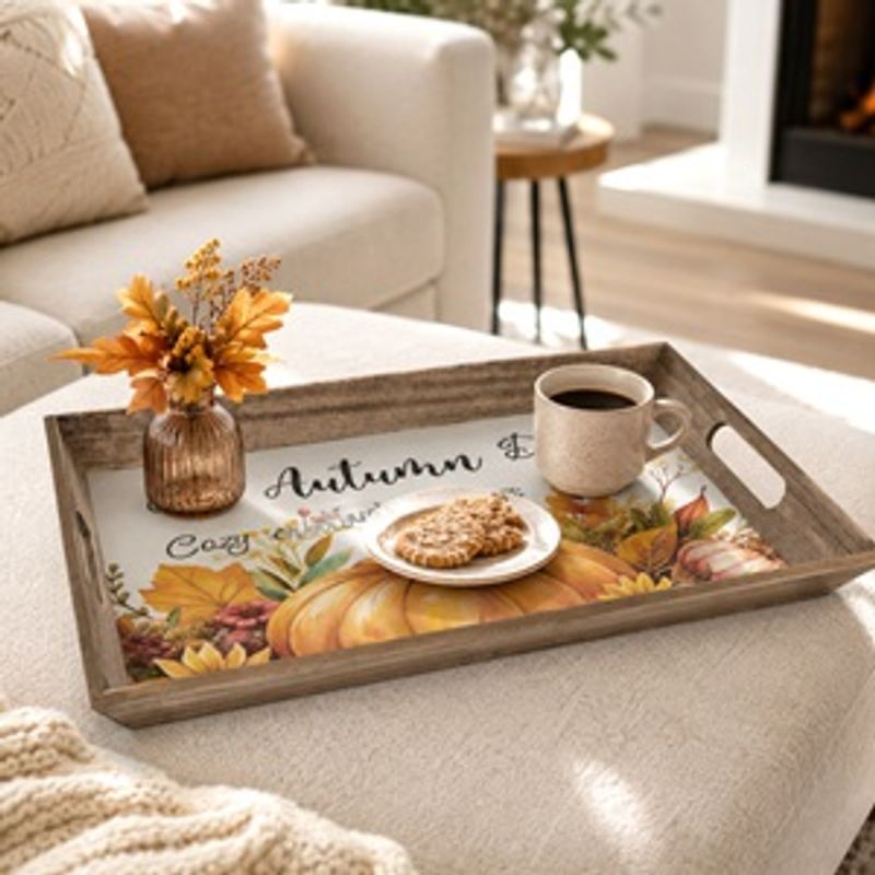 Casa si Gradina - Bucatarie si vesela - Ustensile bucatarie - Tavi servire - Tava Decorativa din Lemn cu Dovleci 45x34cm - Infinity.ro