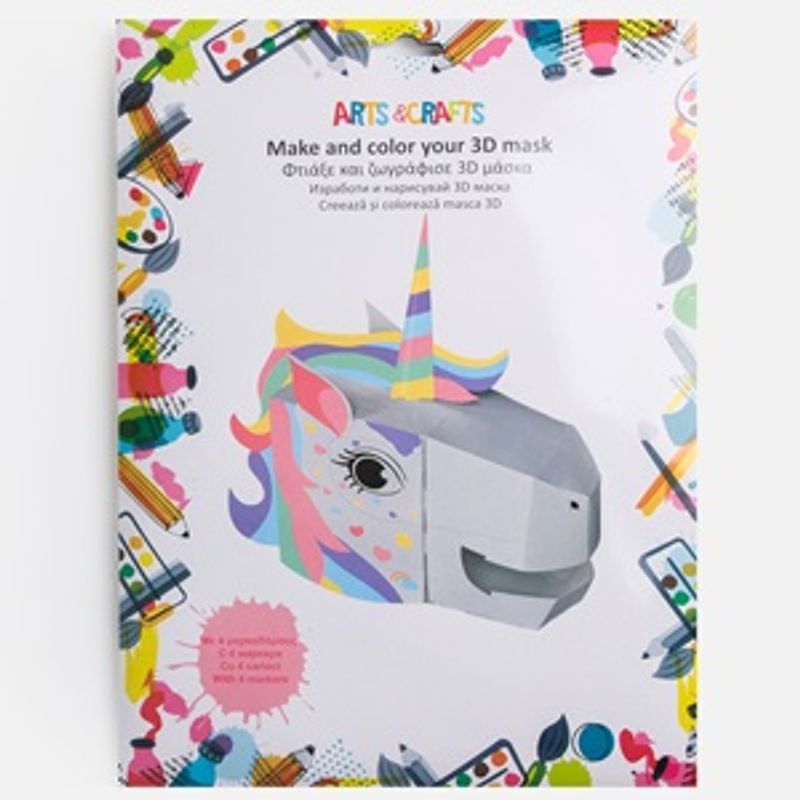 Jucarii, Copii si Bebe - Jucarii si jocuri - Jucarii & jocuri educative - Seturi de artizanat - Set Creativ Masca 3D Unicorn din Hartie, Include 4 Markere, Alb, DIY pentru Copii 3+ - Infinity.ro