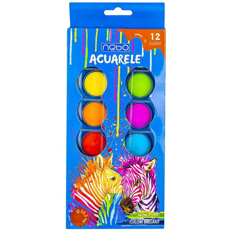 Carti si Birotica - Rechizite - Pictura si desen - Acuarele si culori - Set Acuarele Pastile NEBO, 12 Culori Stralucitoare (20.3 mm), Pensula Inclusa, Caseta Plastic cu Paleta de Amestec - Infinity.ro