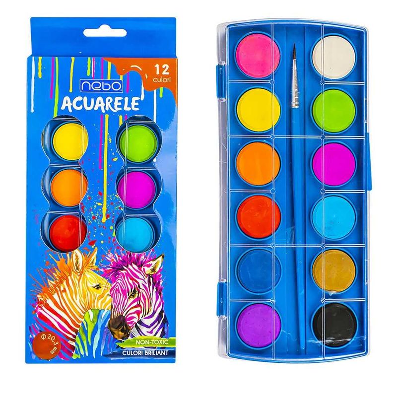 Carti si Birotica - Rechizite - Pictura si desen - Acuarele si culori - Set Acuarele Pastile NEBO, 12 Culori Stralucitoare (20.3 mm), Pensula Inclusa, Caseta Plastic cu Paleta de Amestec - Infinity.ro