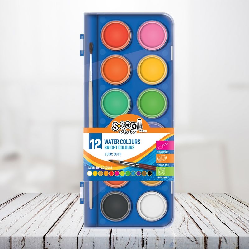 Carti si Birotica - Rechizite - Pictura si desen - Acuarele si culori - Set Acuarele Pastile S-COOL, 12 Culori Intense (28 mm), Include Pensula, Cutie Plastic cu Paleta de Amestec pe Capac - Infinity.ro