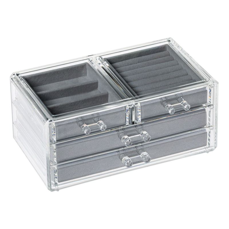 Fashion, accesorii si bijuterii - Femei - Bijuterii femei - Cutii bijuterii - Suport Organizator pentru Bijuterii, Acrilic Transparent cu 4 Sertare Captusite cu Velvet Gri, 24x13.5x13 cm - Infinity.ro