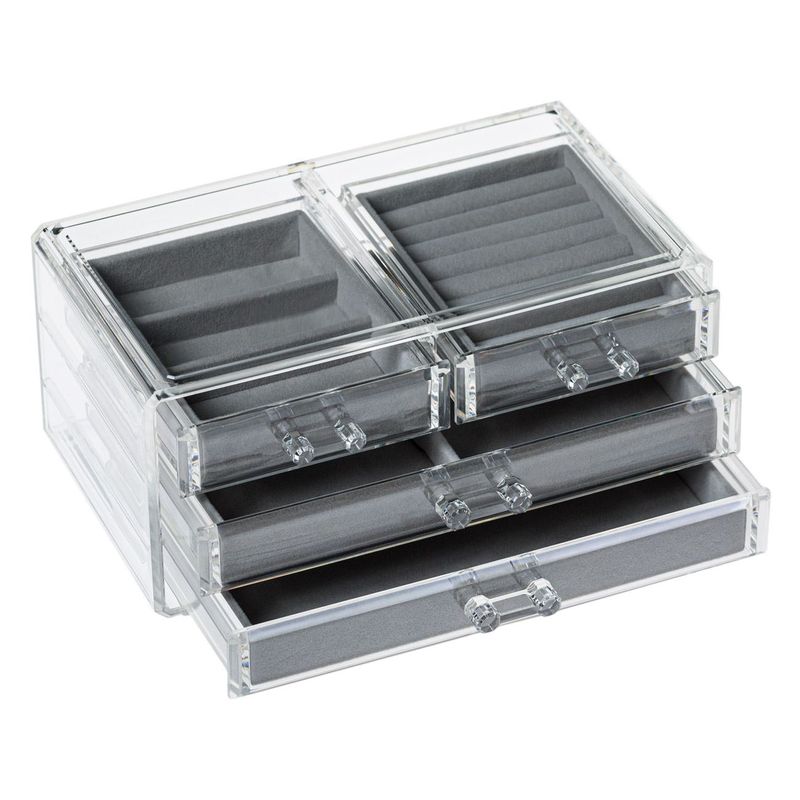 Fashion, accesorii si bijuterii - Femei - Bijuterii femei - Cutii bijuterii - Suport Organizator pentru Bijuterii, Acrilic Transparent cu 4 Sertare Captusite cu Velvet Gri, 24x13.5x13 cm - Infinity.ro