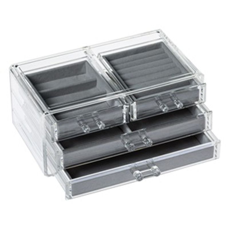 Fashion, accesorii si bijuterii - Femei - Bijuterii femei - Cutii bijuterii - Suport Organizator pentru Bijuterii, Acrilic Transparent cu 4 Sertare Captusite cu Velvet Gri, 24x13.5x13 cm - Infinity.ro
