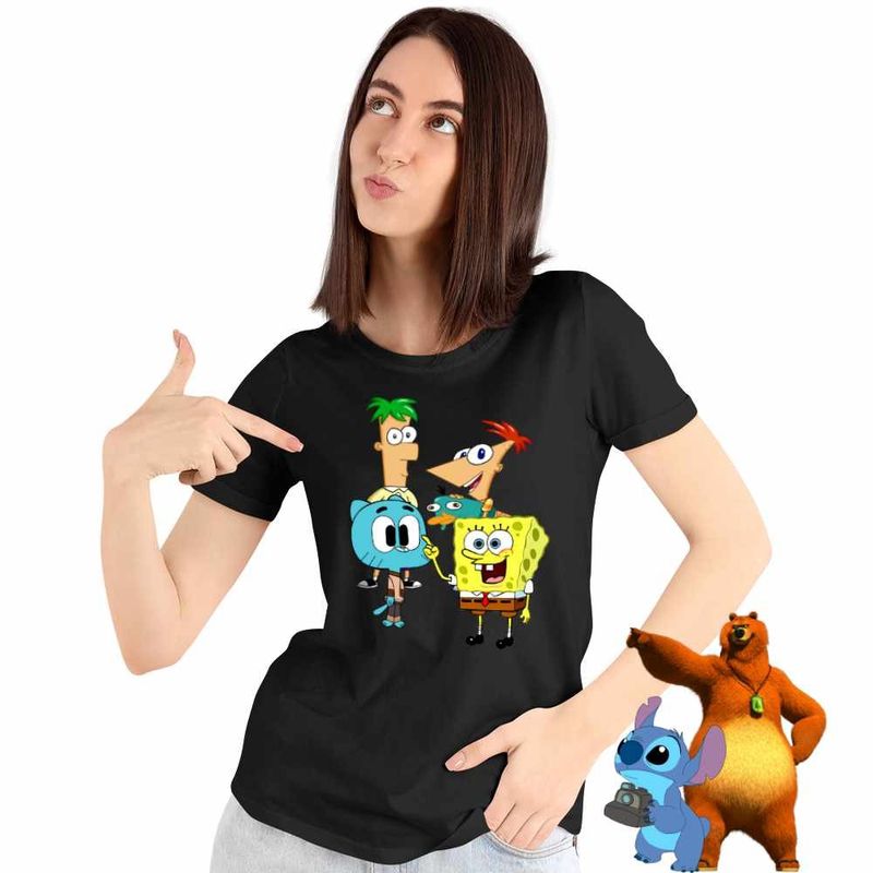 Fashion, accesorii si bijuterii - Femei - Imbracaminte femei - Tricouri si topuri femei - Tricou Femei Phineas Ferb Gumball Spongebob, negru, marime S - Infinity.ro