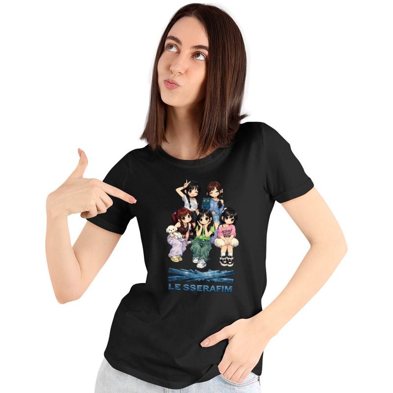 Fashion, accesorii si bijuterii - Femei - Imbracaminte femei - Tricouri si topuri femei - Tricou Femei Le Sserafim Kpop Serafim Merch, negru, marime S - Infinity.ro