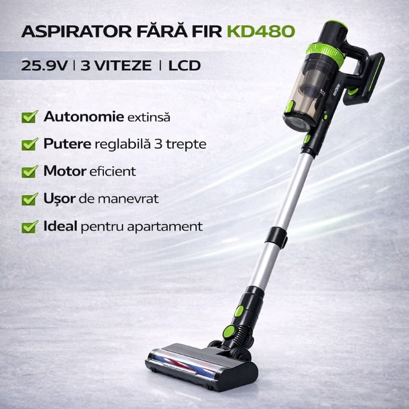 Electronice si Electrocasnice - Ingrijirea locuintei - Aspiratoare - Aspirator vertical fara fir, LCD, KD480, Kraft&Dele, baterie Li-Ion 25.9V, 3 viteze - Infinity.ro