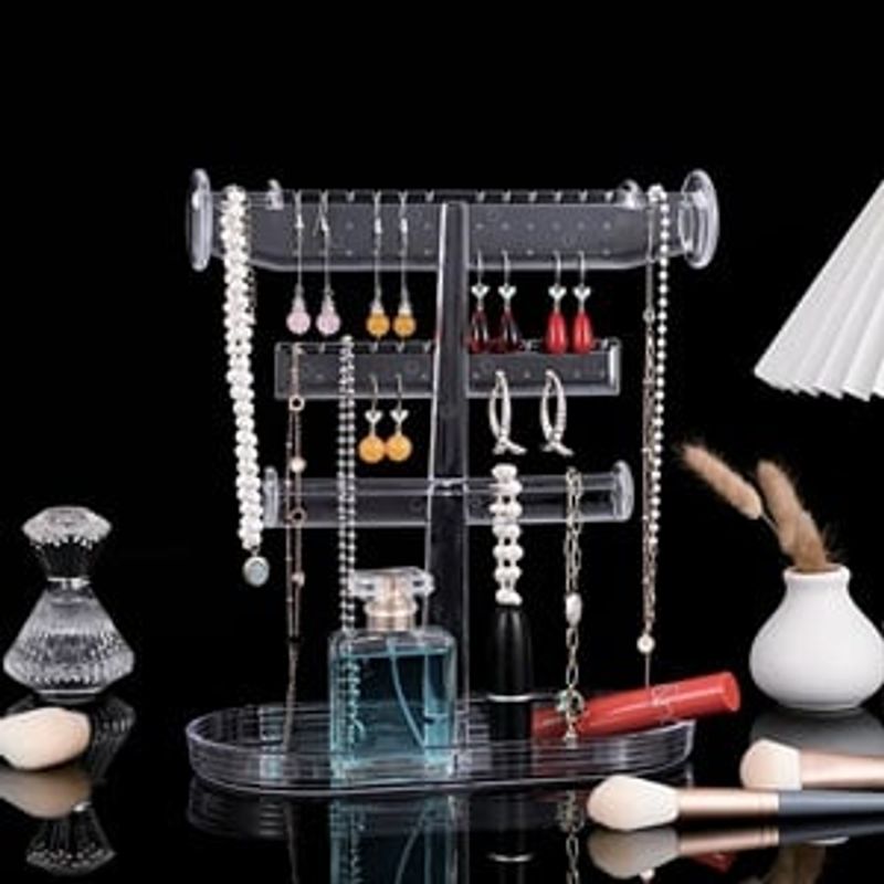 Fashion, accesorii si bijuterii - Femei - Bijuterii femei - Cutii bijuterii - Organizator acrilic transparent pentru bijuterii, cu tava, 23.5x12x27cm - Infinity.ro
