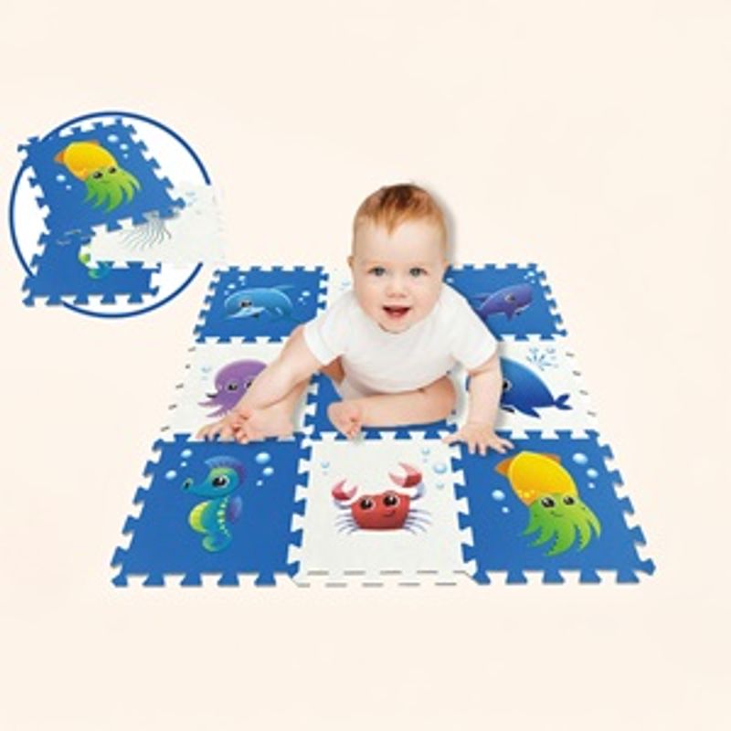 Casa si Gradina - Textile si covoare - Covoare - Covoare copii - Covor Puzzle cu Animale Marine, 9 Piese, 32x32cm, Albastru - Infinity.ro