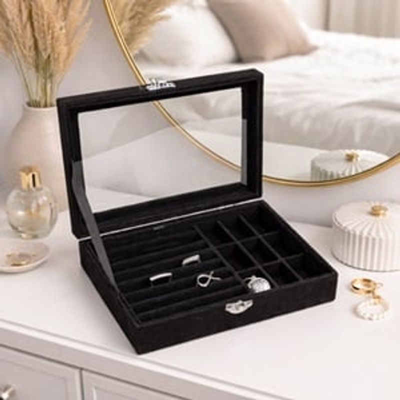 Fashion, accesorii si bijuterii - Femei - Bijuterii femei - Cutii bijuterii - Cutie Organizare Bijuterii cu Fereastra, Neagra, 20x15x5cm - Infinity.ro