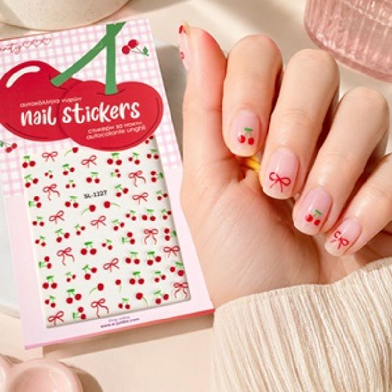 Ingrijire personala si Cosmetice - Manichiura si pedichiura - Produse nail art - Autocolante pentru unghii cu model cirese si fundite, 1 foaie, rosu - Infinity.ro