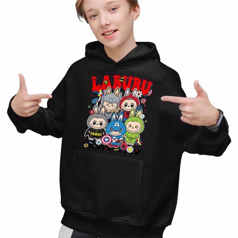 Fashion, accesorii si bijuterii - Copii - Imbracaminte copii - Pulovere si hanorace copii - Hanorac Copii Baieti Labubu Supereroi Marvel, negru, marime XS Copii - Infinity.ro