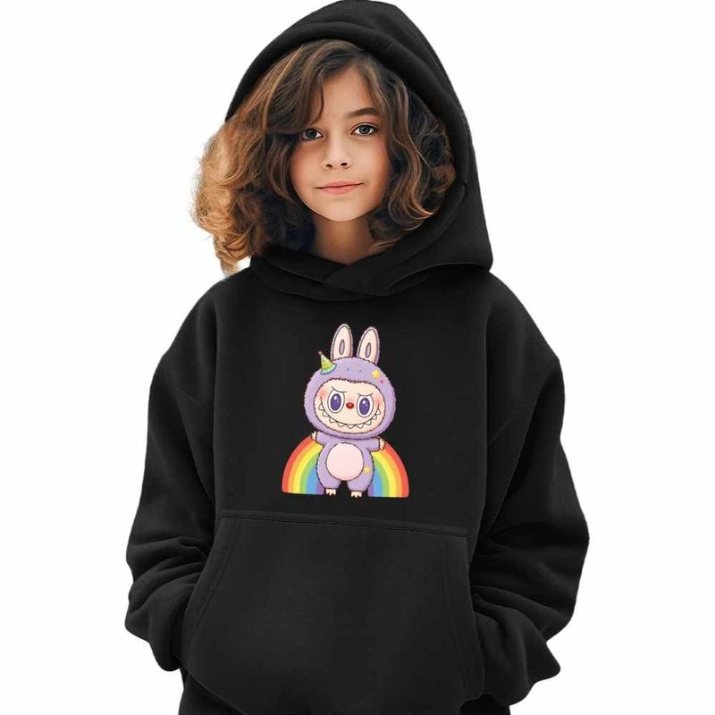 Fashion, accesorii si bijuterii - Copii - Imbracaminte copii - Pulovere si hanorace copii - Hanorac Copii Fete Labubu Rainbow Mood, negru, marime XS Copii - Infinity.ro