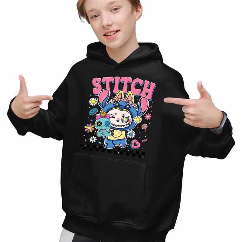 Fashion, accesorii si bijuterii - Copii - Imbracaminte copii - Pulovere si hanorace copii - Hanorac Copii Baieti Labubu Stitch Stich, negru, marime XS Copii - Infinity.ro