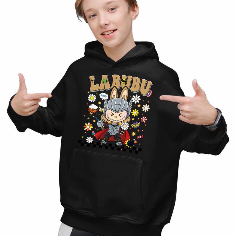Fashion, accesorii si bijuterii - Copii - Imbracaminte copii - Pulovere si hanorace copii - Hanorac Copii Baieti Labubu Thor Ragnarok, negru, marime XS Copii - Infinity.ro